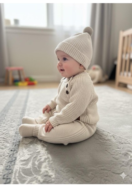 Çocuk Triko Selanık Örme Şapkalı Kışlık Özel Düğmeli Şapkalı 3 Lü Takım modelleri