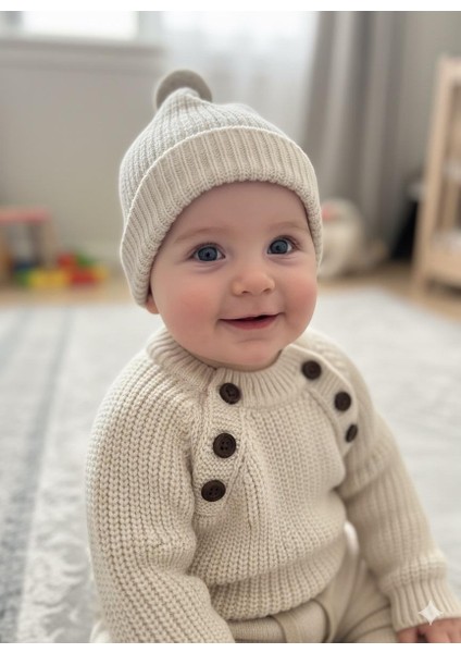 Çocuk Triko Selanık Örme Şapkalı Kışlık Özel Düğmeli Şapkalı 3 Lü Takım indirimleri