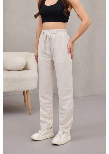 Kadın Yüksek Bel Keten Karışımlı Havuç Pantolon