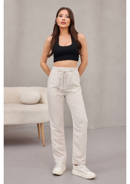 Kadın Yüksek Bel Keten Karışımlı Havuç Pantolon