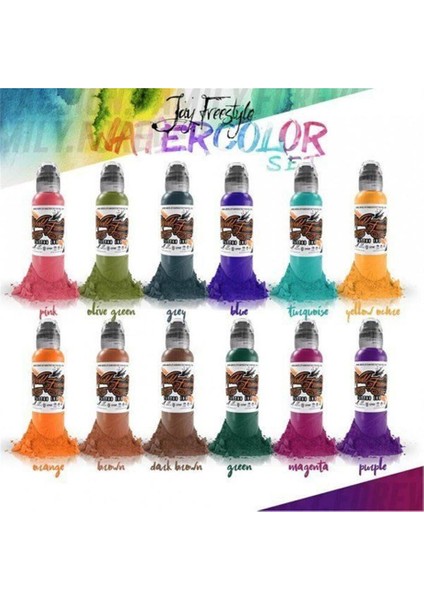 Jay Freestyle Water Color 12'li Dövme Boyası Seti - World Famous Ink Dövme Boyası - 1OZ/30ML