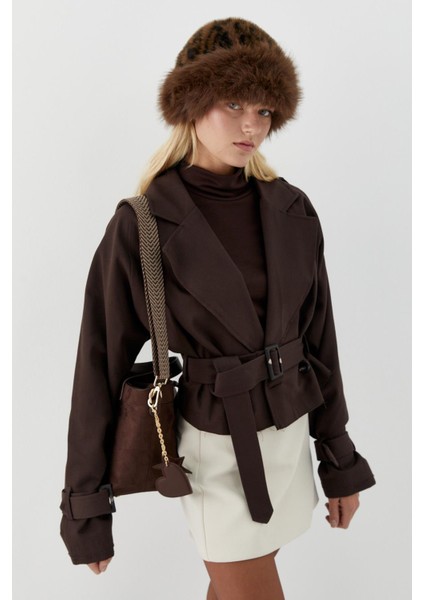 Kemerli Kısa Trenç Acı Kahve