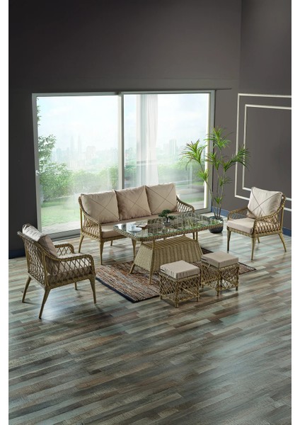 Rattan Joy Bahçe Mobilyası 3+1+1+Camlı Masa Gri- Kemik- Cappucino - B&n Garden