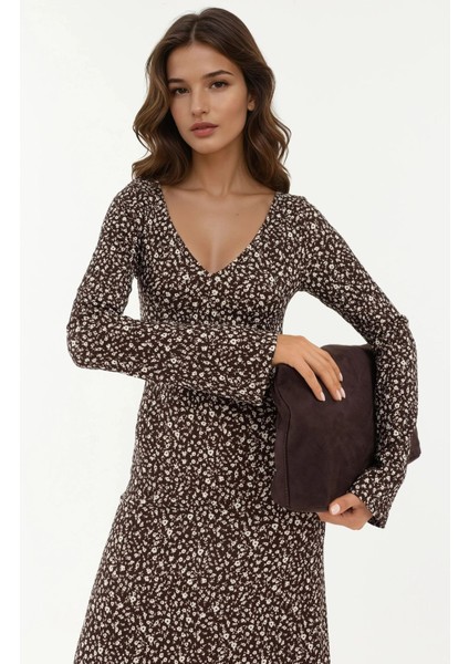 Kadın Zarif Çiçek Desenli V Yaka Uzun Elbise Kahverengi fiyatları