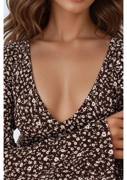Kadın Zarif Çiçek Desenli V Yaka Uzun Elbise Kahverengi modelleri