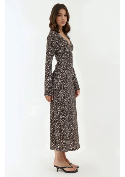 Kadın Zarif Çiçek Desenli V Yaka Uzun Elbise Kahverengi fırsatları