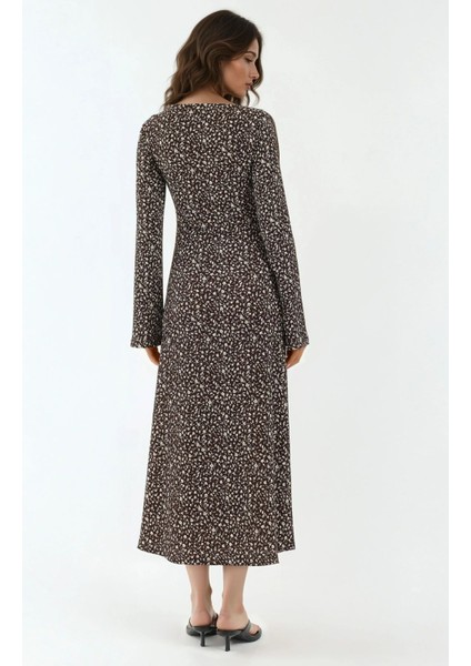 Kadın Zarif Çiçek Desenli V Yaka Uzun Elbise Kahverengi indirimleri