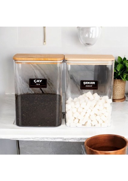 2'li Ahşap Vakumlu Kapaklı Akrilik Çay Şeker Saklama Kavanozu / Kabı ve Kutusu 3 Litre Etiketli