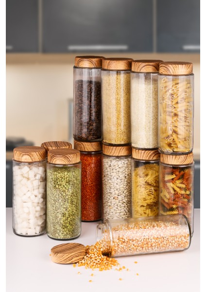 12 Adet Ahşap Görünümlü Kapaklı Cam Kavanoz ve Erzak Saklama Kabı 1500 ml