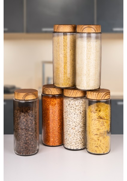 12 Adet Ahşap Görünümlü Kapaklı Cam Kavanoz ve Erzak Saklama Kabı 1500 ml indirimleri