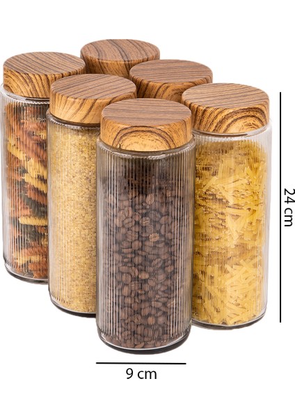 12 Adet Ahşap Görünümlü Kapaklı Cam Kavanoz ve Erzak Saklama Kabı 1500 ml