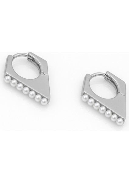 White Gold Plated V Pearl Hoop Küpe