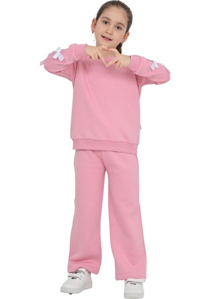Kız Çocuk 3 Iplik Şardonlu Kurdele Detaylı Basic Sweatshirt-Bol Kesim Eşofman Takım