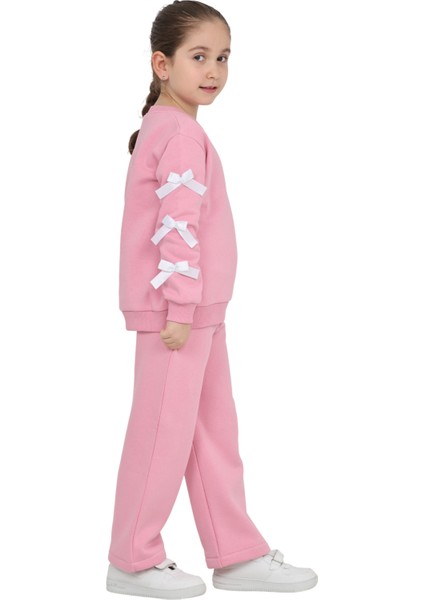 Kız Çocuk 3 Iplik Şardonlu Kurdele Detaylı Basic Sweatshirt-Bol Kesim Eşofman Takım fiyatları