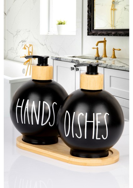 2'li Bambu Altlıklı Bambu Pompalı Sabunluk Deterjanlık 350 ml Tombul Cam