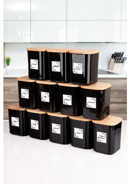 12'li 900 ml Siyah Ahşap Vakumlu Kapaklı Akrilik Saklama Kavanozu Kabı ve Kutusu 900 ml Etiketli