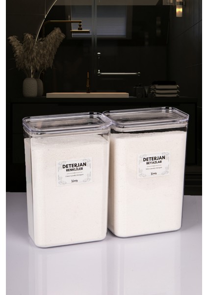 2 Adet Vakumlu Kapaklı Toz Deterjan Renkliler Beyazlar Etiketli Kutu Akrilik 3 Litre modelleri