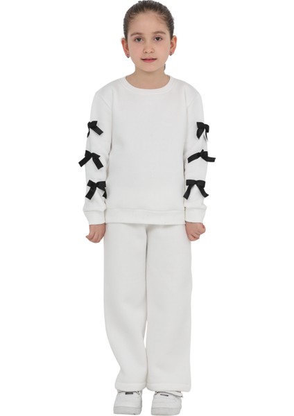 Kız Çocuk 3 Iplik Şardonlu Kurdele Detaylı Basic Sweatshirt-Bol Kesim Eşofman Takım fırsatları