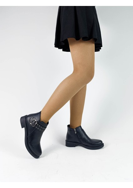 Siyah Renk Fermuarlı Cilt Deri Kemer Aksesuarlı Kadın Bot fiyatları