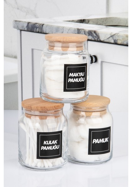 3'lü Ahşap Vakumlu Kapaklı Kulak Pamuğu Makyaj Pamuğu ve Pamuk Kavanozu Pamukluk Seti 300 ml modelleri