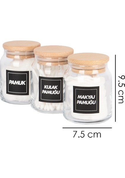 3'lü Ahşap Vakumlu Kapaklı Kulak Pamuğu Makyaj Pamuğu ve Pamuk Kavanozu Pamukluk Seti 300 ml fırsatları