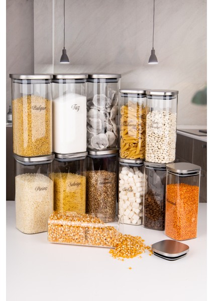 12 Li 2 Boy 800 - 1600 ml Borosilikat Cam Kavanoz Vakumlu Metal Kapaklı Erzak Saklama Kabı Etiketli