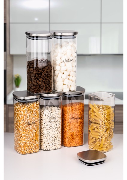 12 Li 2 Boy 800 - 1600 ml Borosilikat Cam Kavanoz Vakumlu Metal Kapaklı Erzak Saklama Kabı Etiketli modelleri