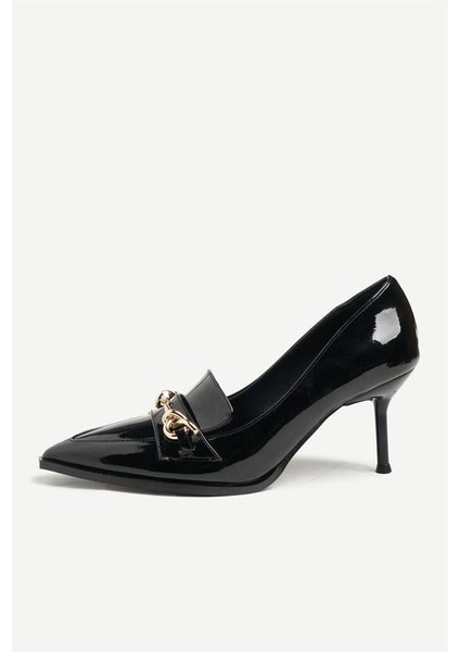 255003 Altın Tokalı Topuklu Ayakkabı Siyah Rugan