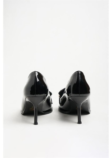 255003 Altın Tokalı Topuklu Ayakkabı Siyah Rugan indirimleri