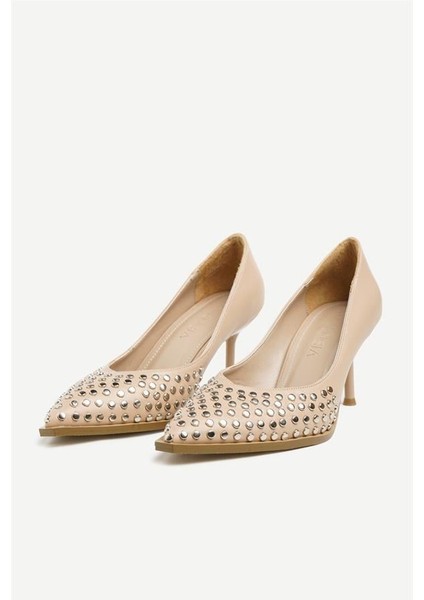 255018 Taşlı Topuklu Ayakkabı Bej Deri fiyatları