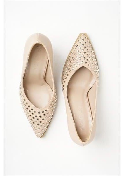 255018 Taşlı Topuklu Ayakkabı Bej Deri fırsatları