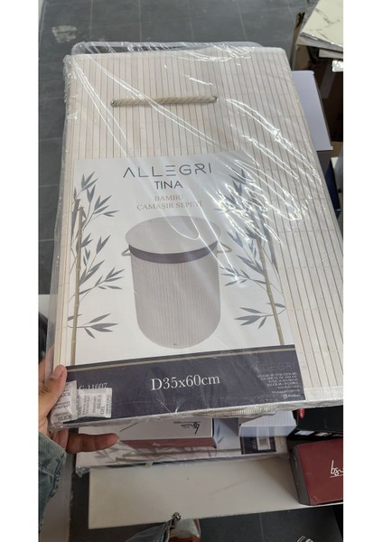 Bambu Oval Çamaşır Sepeti, Beyaz Renk Oval Banyo Dekoratif Çamaşır Sepeti 35X60 cm