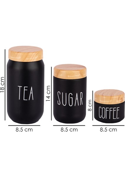 3'lü Tea Sugar Coffee Kavanozu 300 - 650 - 1000 ml Cam Kavanoz Siyah Renk fiyatları