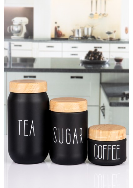 3'lü Tea Sugar Coffee Kavanozu 300 - 650 - 1000 ml Cam Kavanoz Siyah Renk modelleri