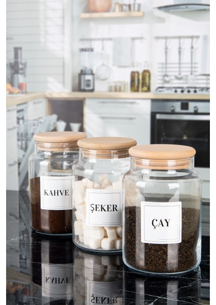 3'lü Ahşap Vakumlu Kapaklı Çay Şeker Kahve Tuz Kavanozu Cam 1000 ml