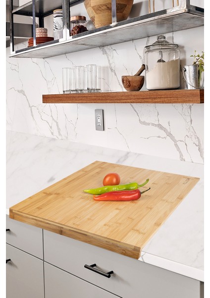 Büyük Kalın 54X46X3,5 cm Bambu Mutfak Ekmek Kesme Tezgâhı Şef Usta Et Kesim Doğrama Oluklu