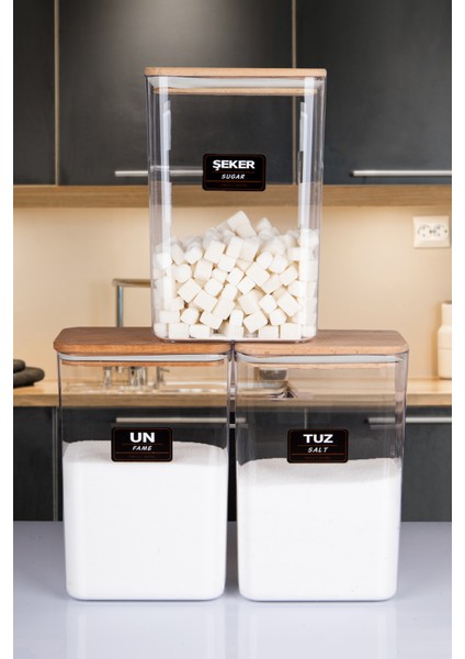 6 Lı Ahşap Vakumlu Kapaklı Akrilik Erzak Saklama Kavanozu Saklama Kabı ve Kutusu 3 Litre Etiketli fırsatları