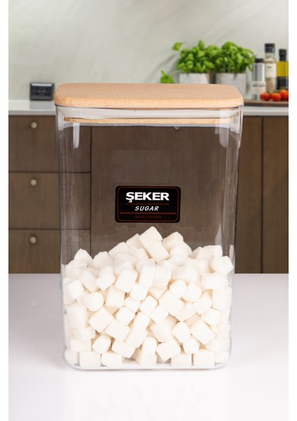 6 Lı Ahşap Vakumlu Kapaklı Akrilik Erzak Saklama Kavanozu Saklama Kabı ve Kutusu 3 Litre Etiketli