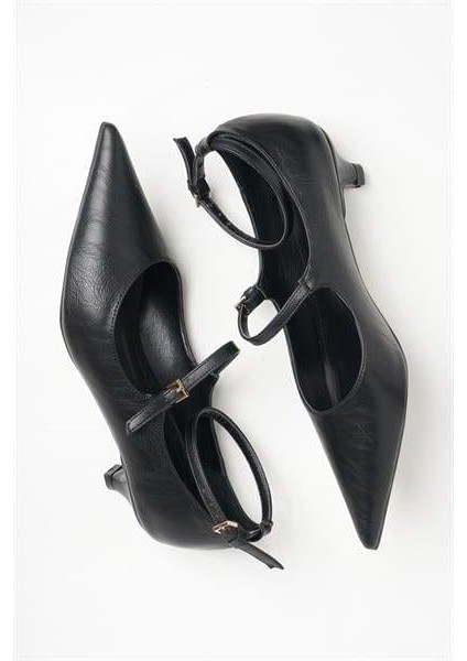 255016 Çift Tokalı Topuklu Ayakkabı Siyah Deri indirimleri