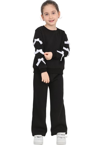 Kız Çocuk 3 Iplik Şardonlu Kurdele Detaylı Basic Sweatshirt-Bol Kesim Eşofman Takım
