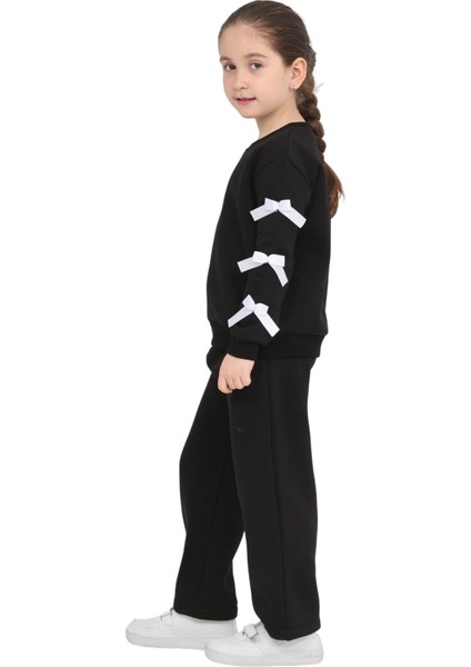 Kız Çocuk 3 Iplik Şardonlu Kurdele Detaylı Basic Sweatshirt-Bol Kesim Eşofman Takım modelleri