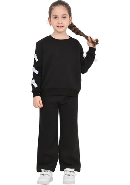 Kız Çocuk 3 Iplik Şardonlu Kurdele Detaylı Basic Sweatshirt-Bol Kesim Eşofman Takım indirimleri