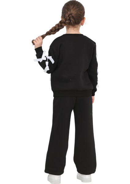 Kız Çocuk 3 Iplik Şardonlu Kurdele Detaylı Basic Sweatshirt-Bol Kesim Eşofman Takım