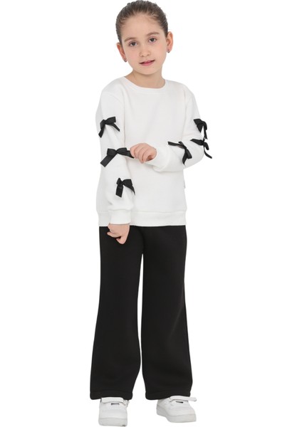 Kız Çocuk 3 Iplik Şardonlu Kurdele Detaylı Basic Sweatshirt-Bol Kesim Eşofman Takım fırsatları