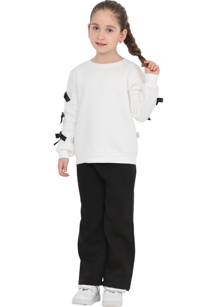 Kız Çocuk 3 Iplik Şardonlu Kurdele Detaylı Basic Sweatshirt-Bol Kesim Eşofman Takım indirimleri
