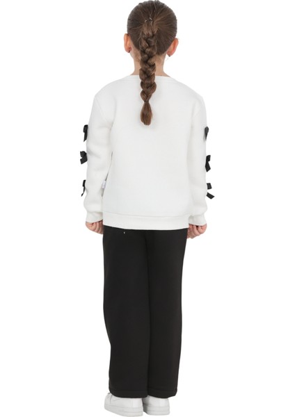 Kız Çocuk 3 Iplik Şardonlu Kurdele Detaylı Basic Sweatshirt-Bol Kesim Eşofman Takım
