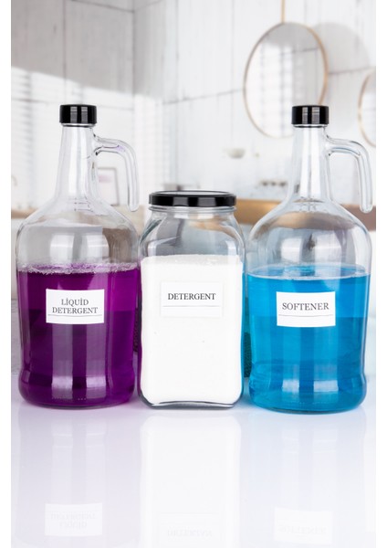 Dekoratif Cam 3'lü Softener ve Sıvı Deterjan Şişesi 3 Lt ve Detergent Kavanozu 3 Lt modelleri