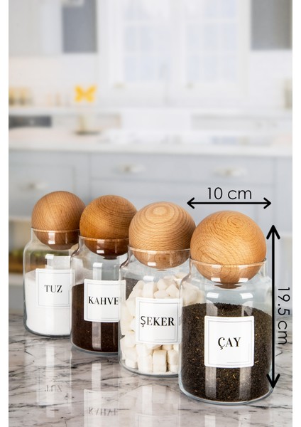 4'lü Ahşap Top Kapaklı Çay Şeker Kahve Tuz Kavanozu Cam 1000 ml fiyatları