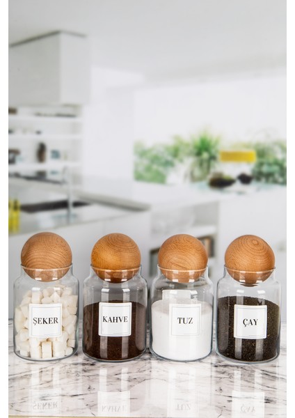 4'lü Ahşap Top Kapaklı Çay Şeker Kahve Tuz Kavanozu Cam 1000 ml modelleri