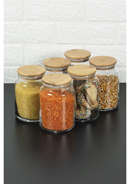 6'lı Bambu Kapaklı Vakumlu Cam Kavanoz - Baharat Takımı 935 ml